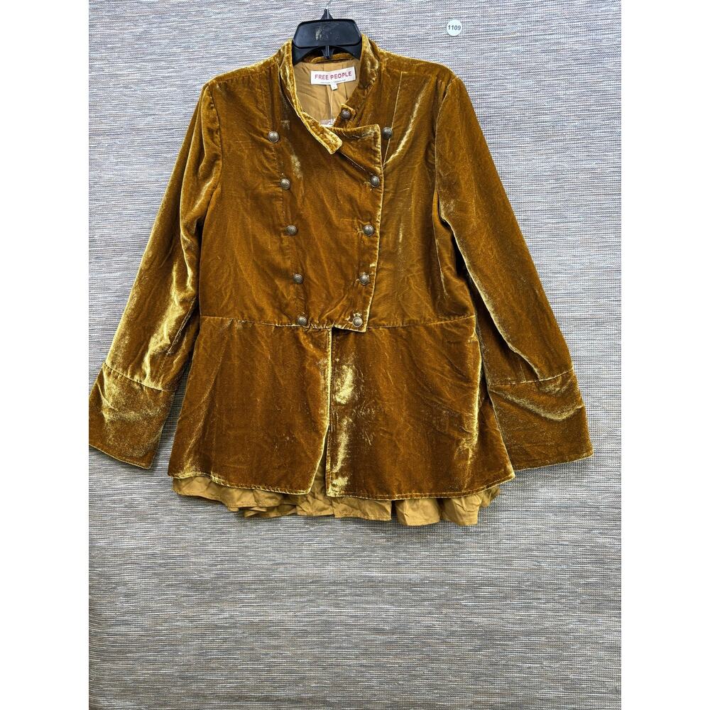 Free People Jacket Womens L Gold Velvet Military Faye Ruffle Hem Button Front